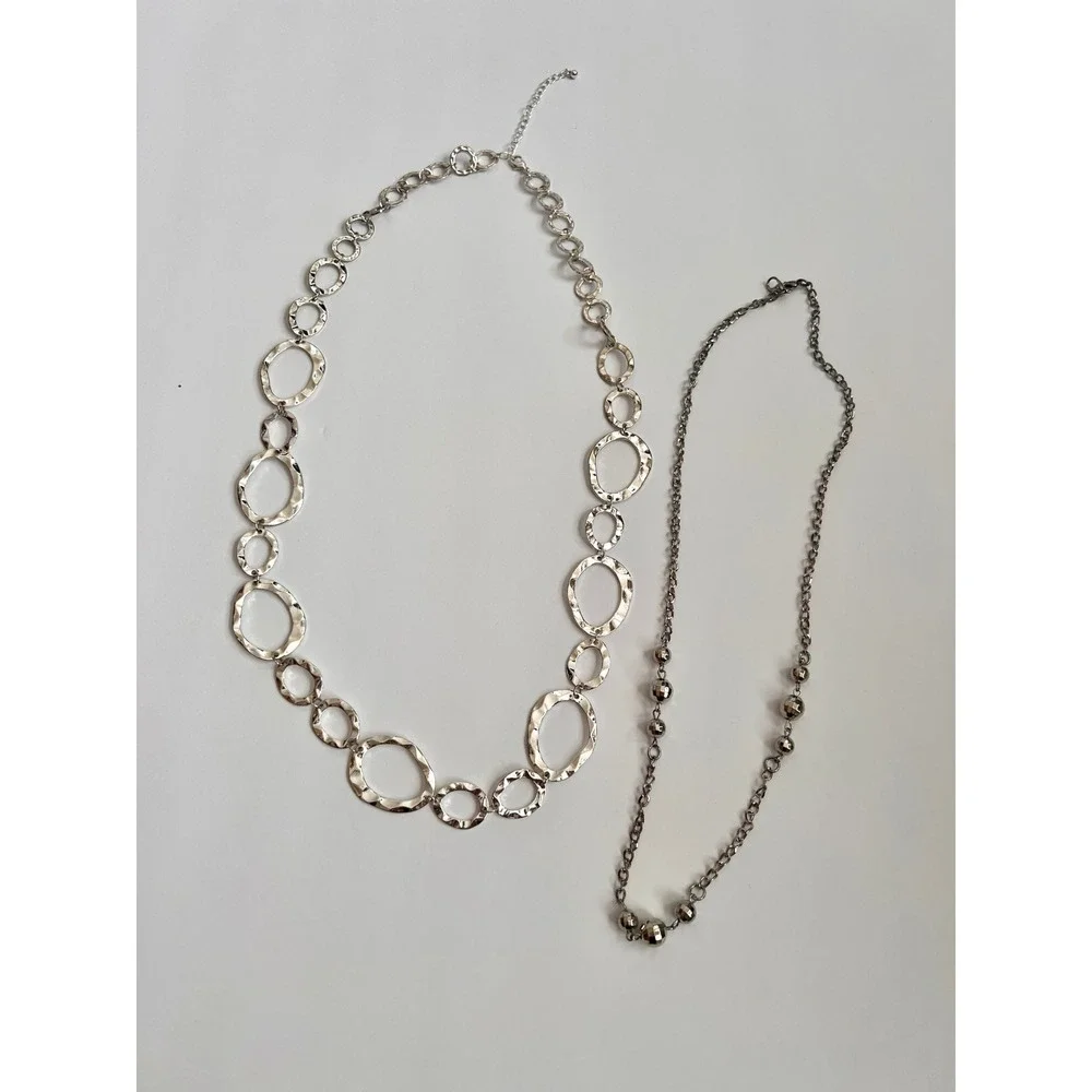 Two Necklaces & Bangle Lot‎ - Silver Tone Chain Link Statement Jewelry Set